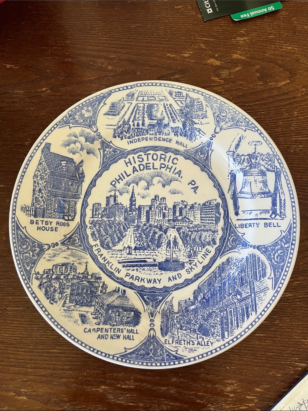 Vintage Blue and White Historic Philadelphia PA Decorative Souvenir Plate